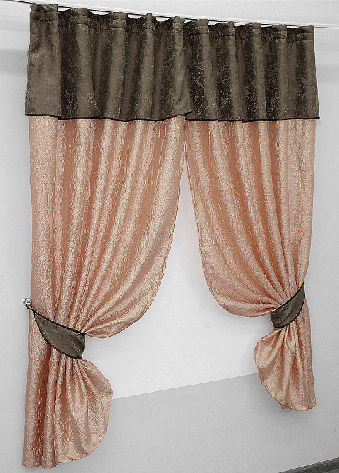 Кухонные шторы VR-Textil № 073к с ламбрекеном и подхватами персиковый с какао 260х170 см (52-0105) Киев - изображение 2