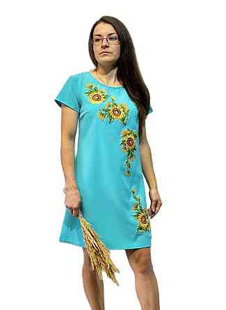 Жіноче вишите плаття кольору бірюза Соняшники короткий рукав 56-58 Київ