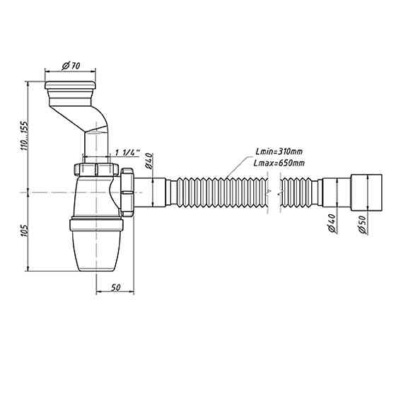 Сифон Waterstal  для пісуара 11/4 з манжетом D 50, з гофрою 40/50 P31009 Луцьк
