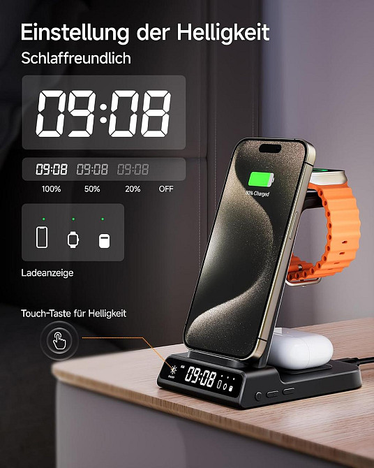 Беспроводная зарядная станция 3в1 для iPhone 16/15/14/13/12 Pro, Apple Watch AirPods Pro/4/3/2 быстрая зарядка Киев - изображение 3