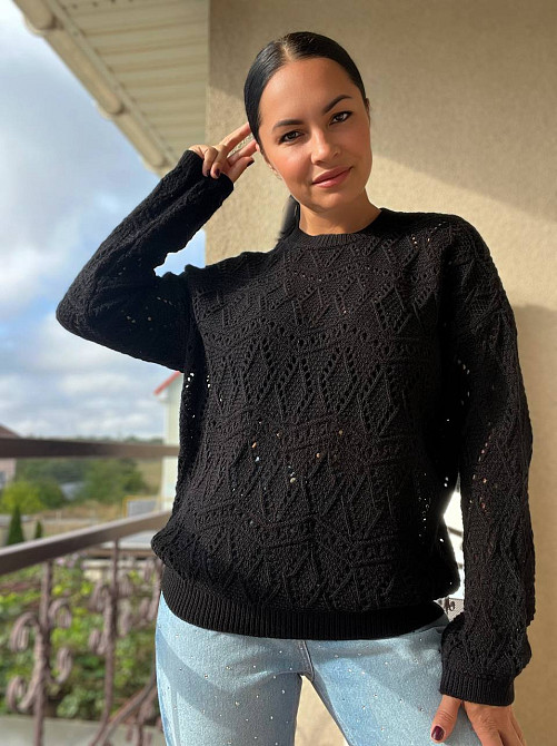 Свитер женский MIX RAY 6772 прозрачный оверсайз ажурная вязка сетка, черный, one size Киев - изображение 11