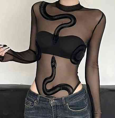 Жіночий стильний напівпрозорий боді з малюнком змії стрейч сітка 46/48 Одеса