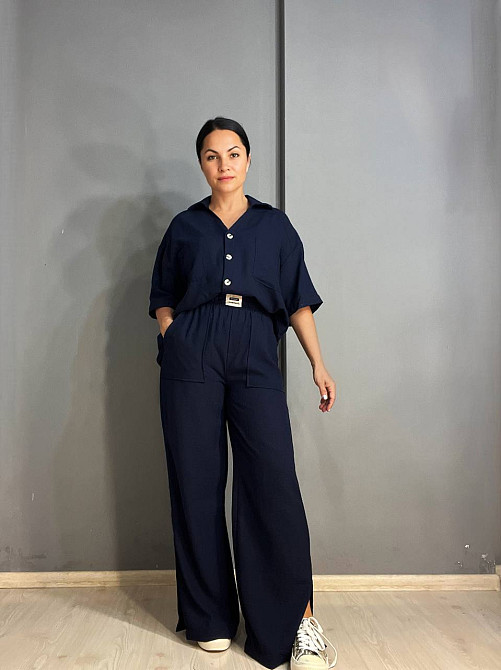 Костюм жіночий Mix Ray 4157 сорочка оверсайз брюки з розрізами по боках рівні від стегна темно синій, темно-синій, M Київ - фото 1