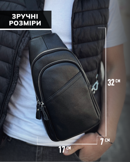 Сумка слінг чоловіча через плече 17х32х8, бананка з натуральної шкіри TIDING BAG A25F-515-1A чорна Київ - фото 3