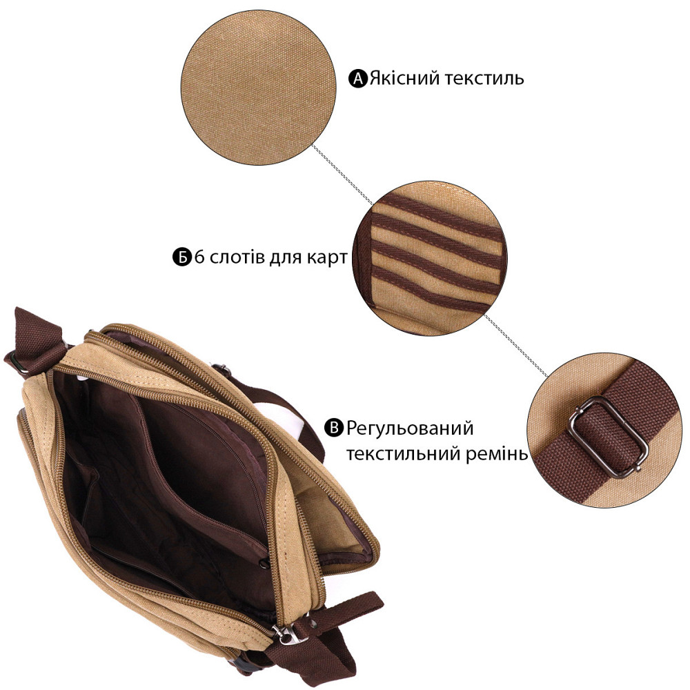 Функціональна чоловіча сумка месенджер із щільного текстилю Vintage 22206 Пісочний Київ - фото 8