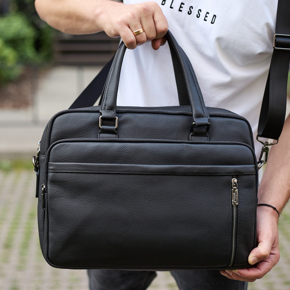Офисная мужская сумка через плечо 39х29х10, кожаный портфель-мессенджер для бизнеса, черный Каменское - изображение 7
