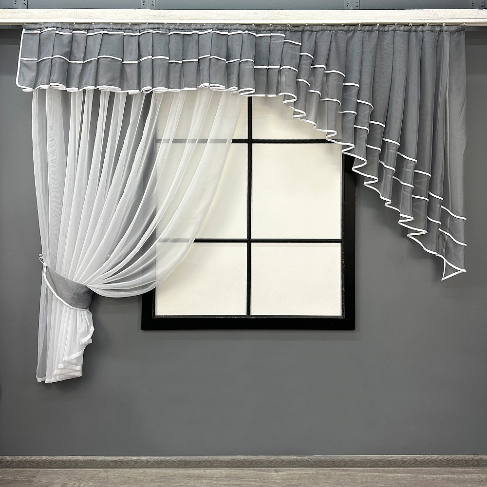 Кухонний комплект VR-Textil № 062к шторка з ламбрекеном графітовий із білим 200х160 см (59-982) Київ - фото 1