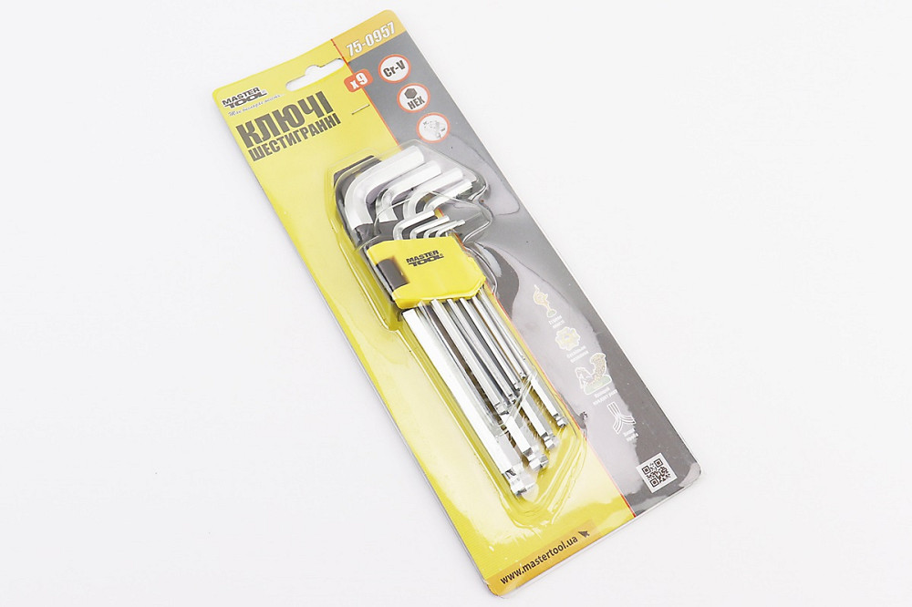Набір Г-подібних ключів подовжених з кулястим наконечником HEX (1,5/2/2,5/3/4/5/6/8/10мм) CrV 75-0957 Київ - фото 2