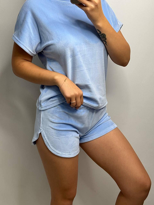 Піжама жіноча футболка+ шорти з плюшевого велюру Блакитний L Харків - фото 8