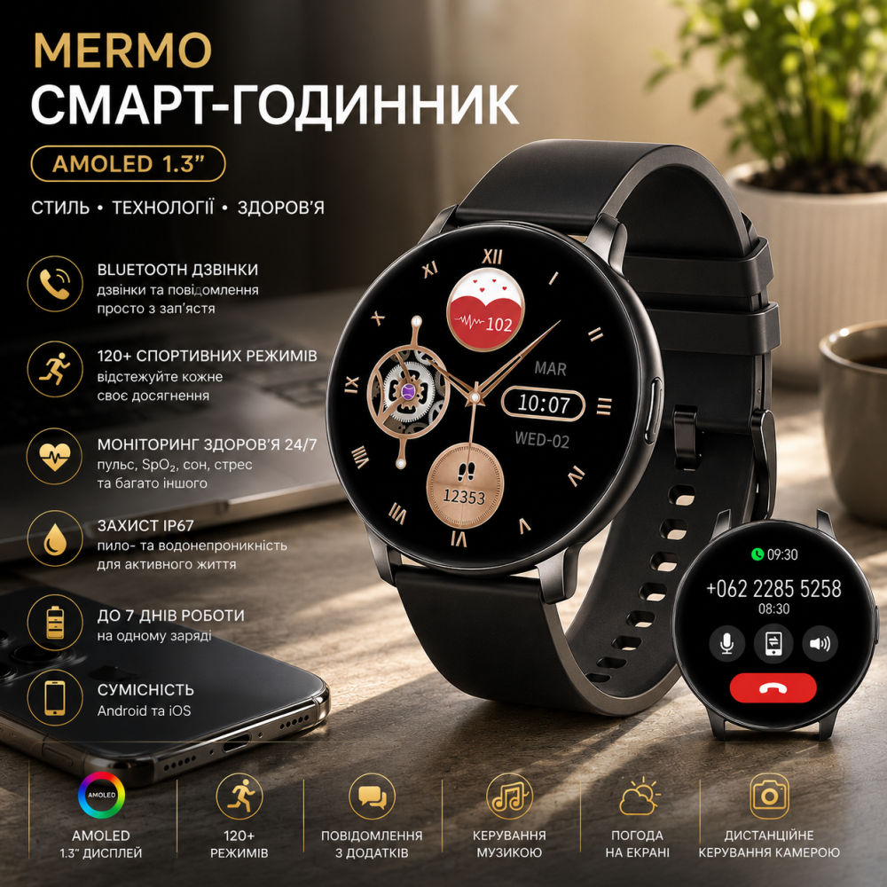 Смарт-годинник Mermo AMOLED 1.3", Bluetooth дзвінки, 120+ спортивних режимів, SpO2, IP67, для Android та iPhone Київ - фото 10