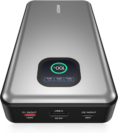 Power Bank Ansody 140W 25000mAh PD 3.1: Швидка зарядка для MacBook, iPhone 16/17 та Steam Deck, Smart-дисплей, Сріблястий Уцінка Київ