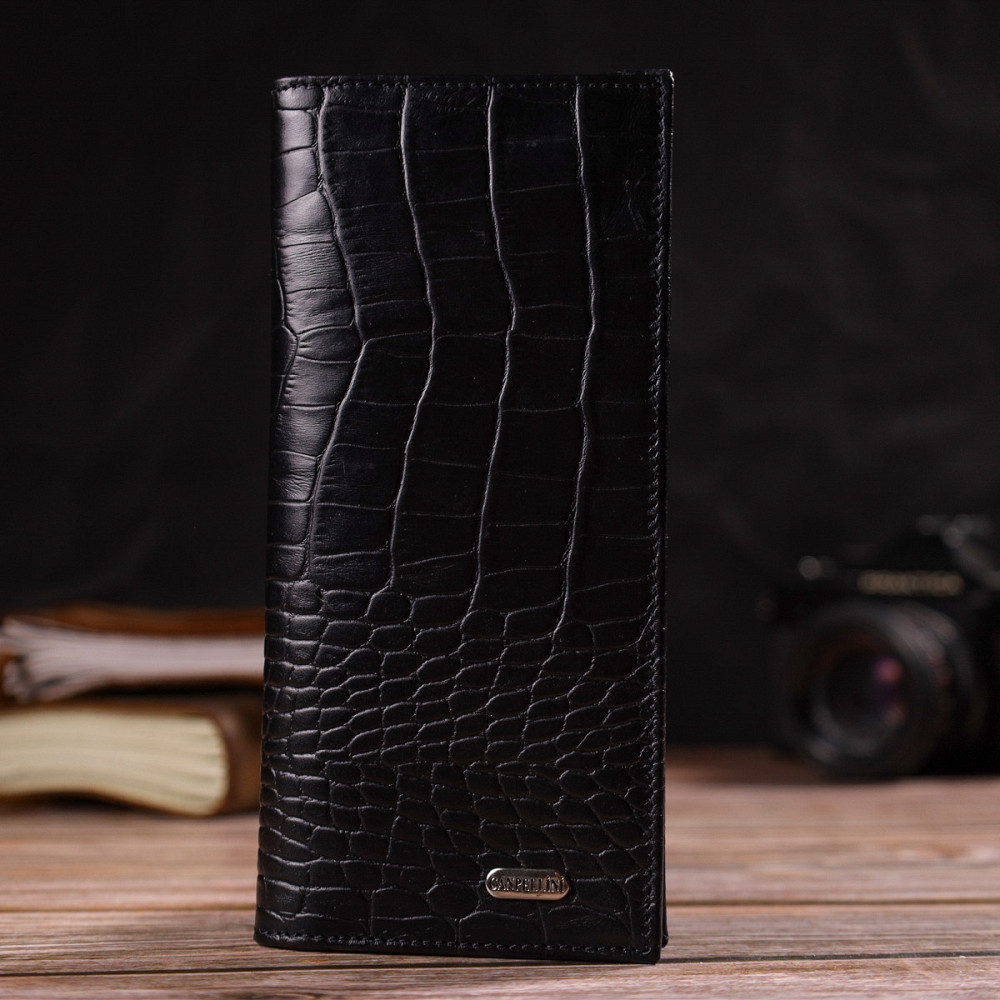 Привлекательный вертикальный мужской бумажник из натуральной кожи с тиснением под крокодила CANPELLINI 21896 Черный Киев - изображение 8