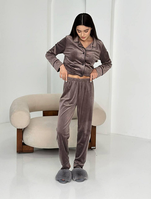 Костюм из плюшевого велюра на пуговицах с двумя карманами Коричневый L Харьков - изображение 2
