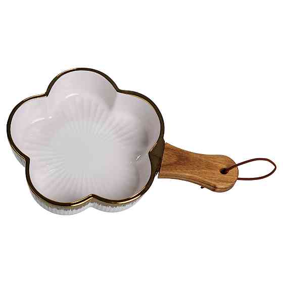 Тарілка порцелянова глибока з ручкою Квітка 24×16×4 (см) блюдо сервірувальне з ручкою для подачі тарілка сковорода Золото ZJH-13-1 Коломия