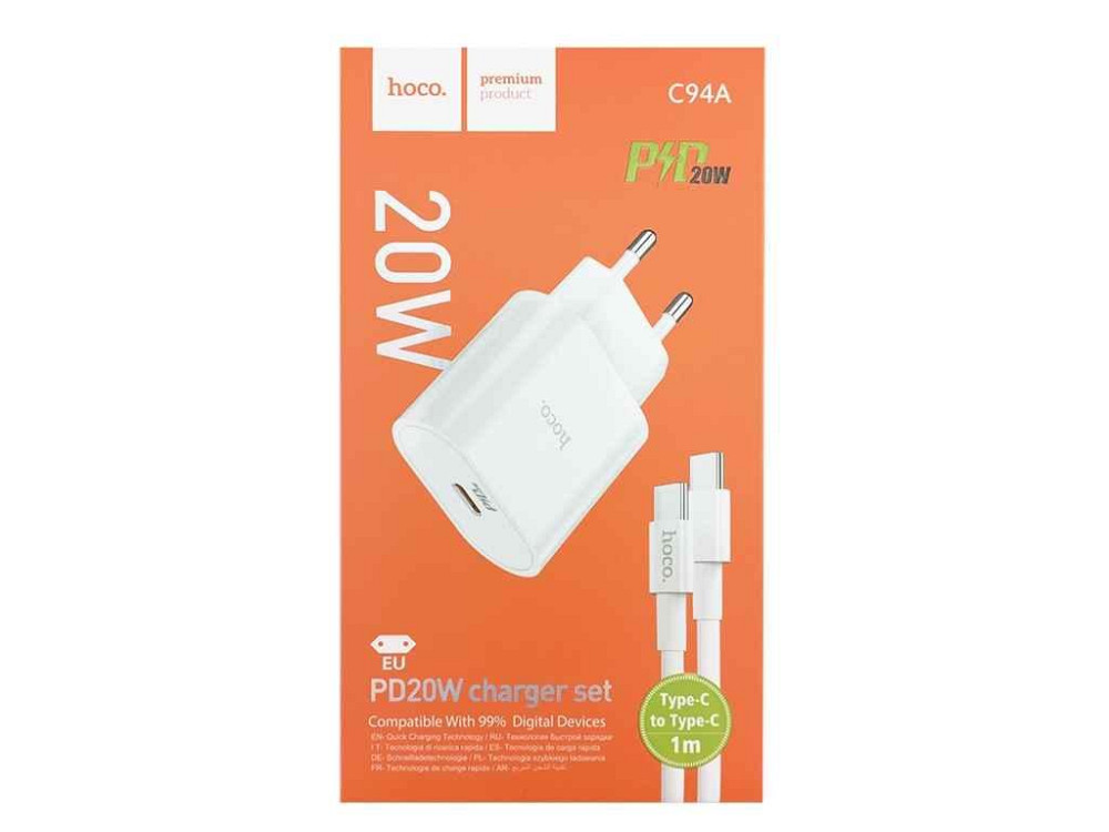 Мережевий зарядний пристрій Type-C to Type-C C94A PD 20w QC3.0 1м ТМ Hoco Київ - фото 1