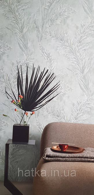Шпалери вінілові на флізеліні Grandeco Anita1,06х10 гілки листя структурні м'ятні сірі Київ - фото 1
