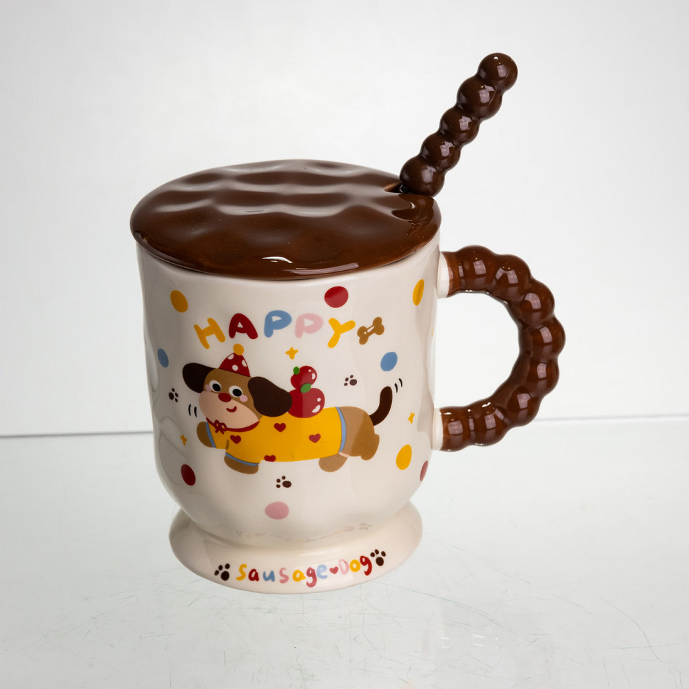 Yiwu Новорічна порцелянова чашка "Весела Такса" з кришкою та ложкою 400 мл, Святкова кружка чаш Коломыя - изображение 2