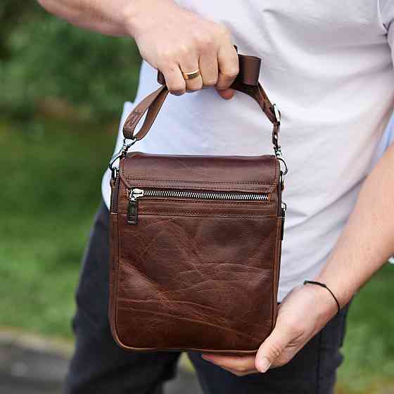 Мужская барсетка Tiding Bag с клапаном через плечо (24 х 20 х 6 см) с гладкой кожи (Коричневый) Винница