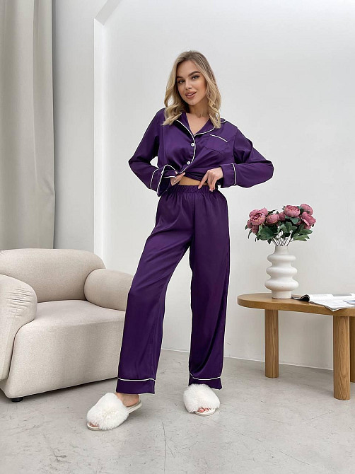 Женская стильная пижама двойка: рубашка и брюки из шелка Армани. Баклажан, 44/46 Одесса - изображение 7