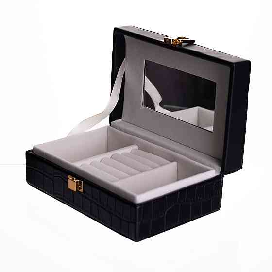 Скринька для прикрас з еко шкіри 3 відділення з дзеркалом 16×10×6 см Чорний HP-5-18B Коломыя