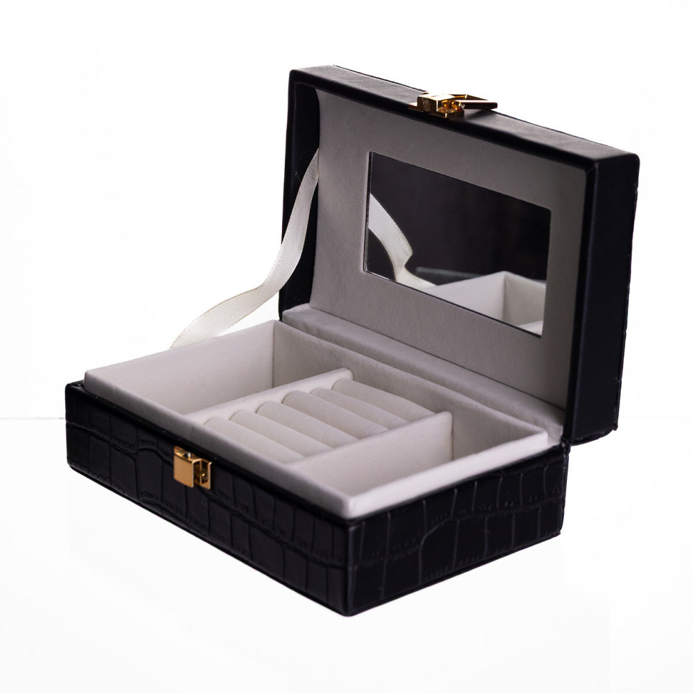 Скринька для прикрас з еко шкіри 3 відділення з дзеркалом 16×10×6 см Чорний HP-5-18B Коломия - фото 3