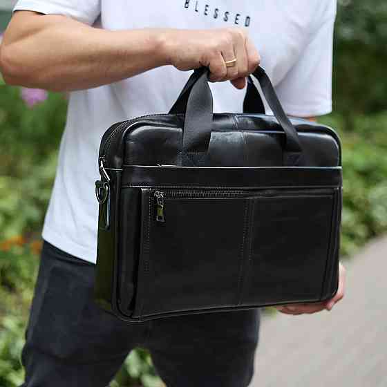 Чоловіча шкіряна ділова сумка портфель для речей і документів Tiding Bag Чорна 38х28х8см Київ