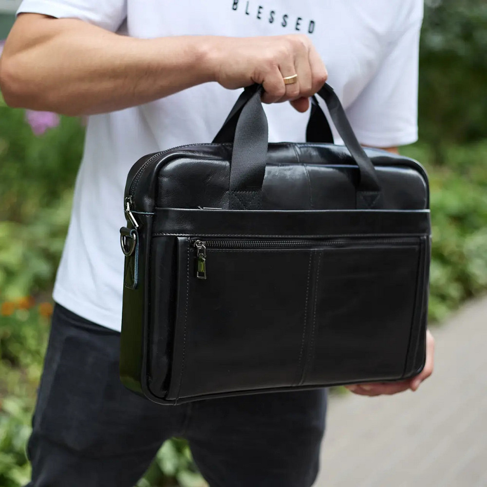 Чоловіча шкіряна ділова сумка портфель для речей і документів Tiding Bag Чорна 38х28х8см Київ - фото 5