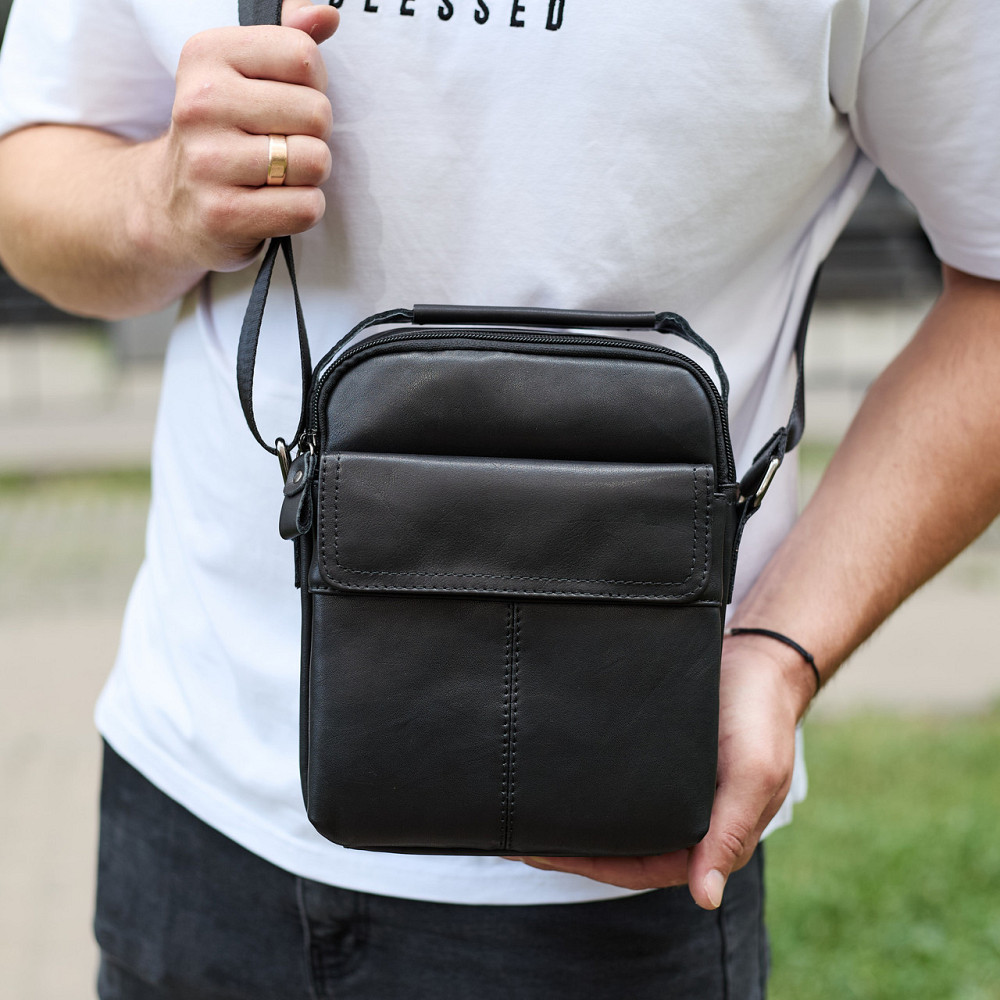Мужская кожаная сумка, барсетка из натуральной кожи 24х18х8, сумочка для мужчин, черная Киев - изображение 3