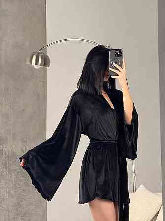 Жіночий домашній велюровий міні халат плюш велюр Чорний, 48/52 Одеса