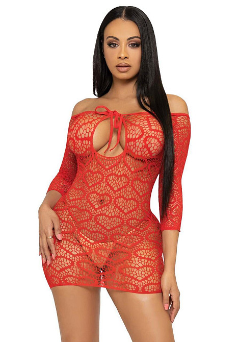 Сукня-сітка з сердечками Leg Avenue Heart net mini dress Red, зав’язки, відкриті плечі, one size Sex Aura Київ - фото 1