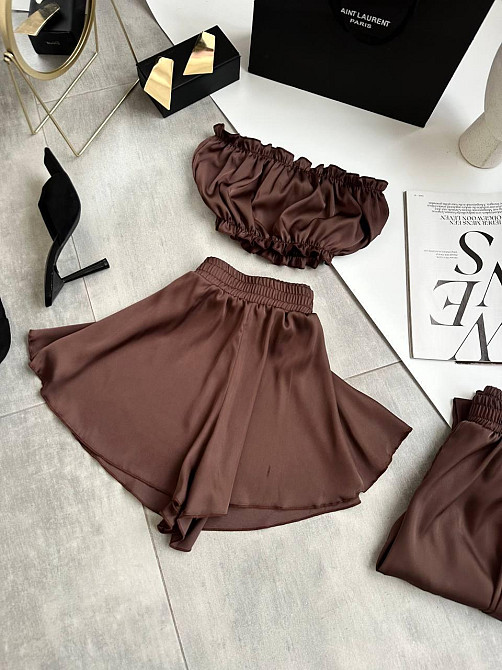 Женская пижама тройка: топ шорты и брюки из шелка армани Шоколад, 44/46 Одесса - изображение 6