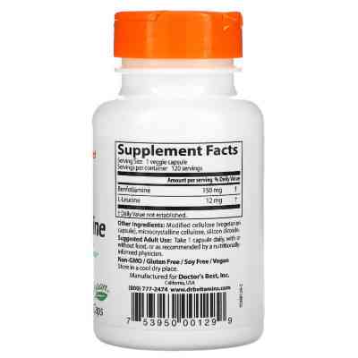 Вітамін Doctor&apos;s Best Бенфотіамін, Benfotiamine 150, 150 мг, 120 капсул (DRB-00129) Вінниця