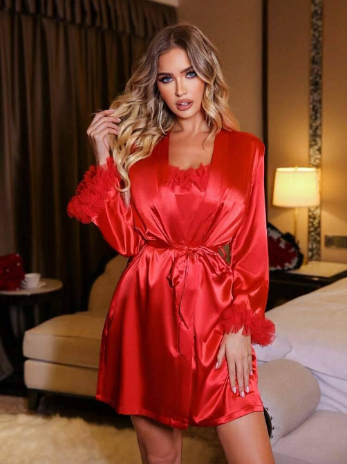 Женский стильный романтичный домашний комплект из сатина Красный, 52/54 Одесса - изображение 4