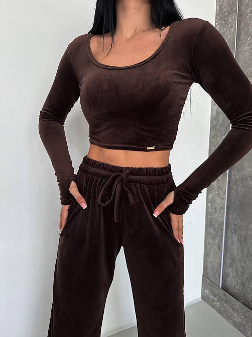 Женский прогулочный костюм двойка: лонгслив и штаны велюр Шоколад, 42/44 Одесса - изображение 4
