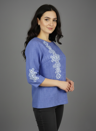 Вишита жіноча блуза у кольорі джинс з орнаментом на рукавах Київ