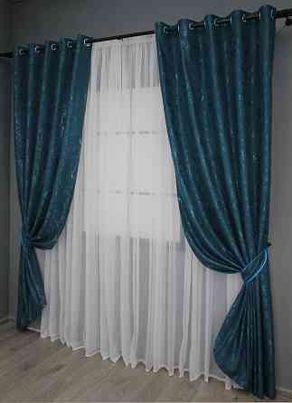 Комплект штор на люверсах VR-Textil Льон мармур Pavliani № 1365ш 150х250 см 2 шт Синій (37-0050) Київ