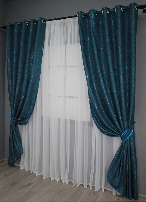 Комплект штор на люверсах VR-Textil Льон мармур Pavliani № 1365ш 150х250 см 2 шт Синій (37-0050) Київ - фото 3