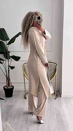 Женский базовый прогулочный костюм тройка: кардиган футболка и штаны трикотажный рубчик Кремовый, 42/44 Одесса