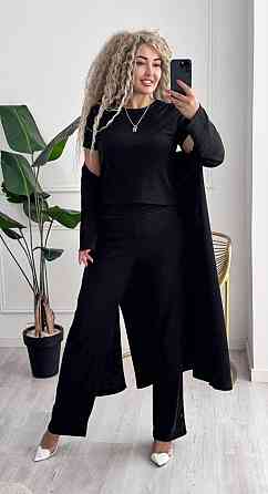 Женский базовый прогулочный костюм тройка: кардиган футболка и штаны трикотажный рубчик Черный, 52/54 Одесса