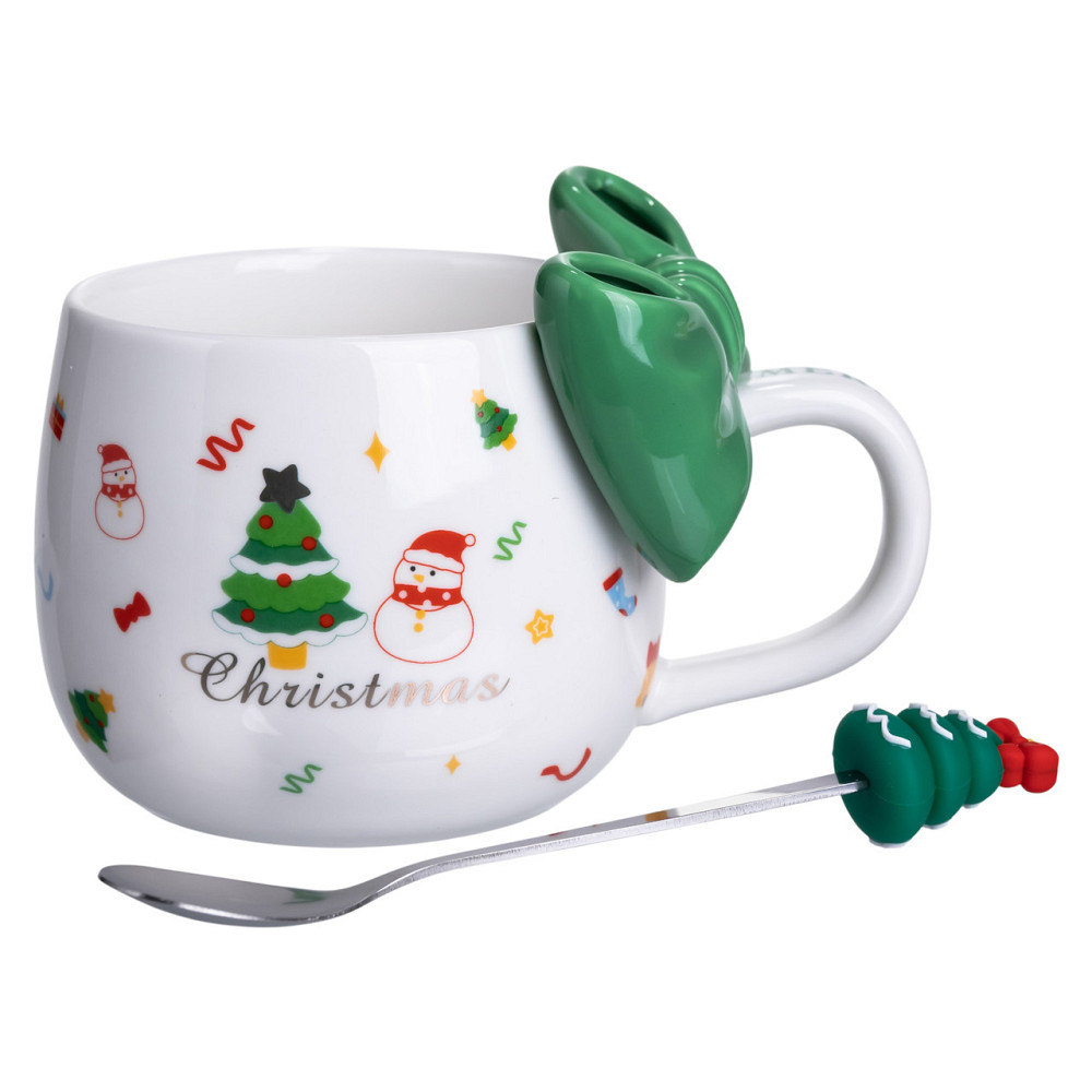 Yiwu Новогодняя фарфоровая чашка с ложкой Merry Christmas 400 (мл) Зеленый Yiwu FM-CS-19B Коломия - фото 3