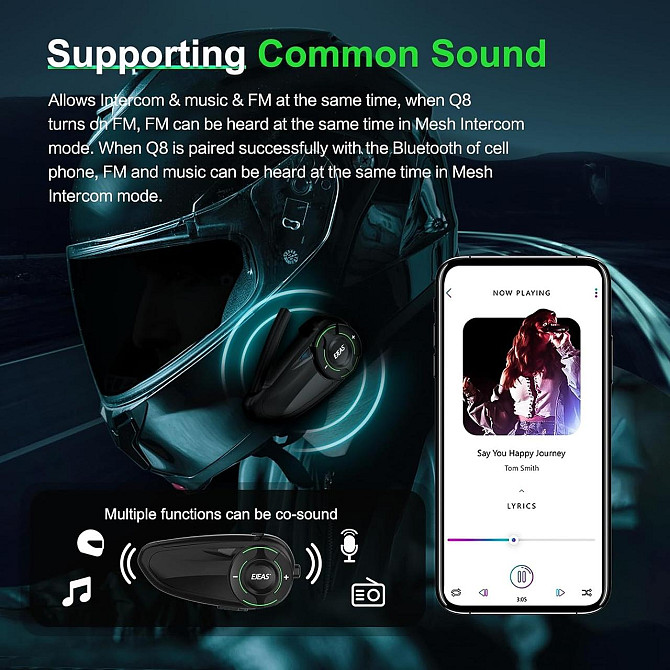 Bluetooth інтерком EJEAS Q8 з Mesh 3.0, CVC шумозаглушенням, FM, IP67, 1200 мАг акумулятор, мотогарн Київ - фото 8