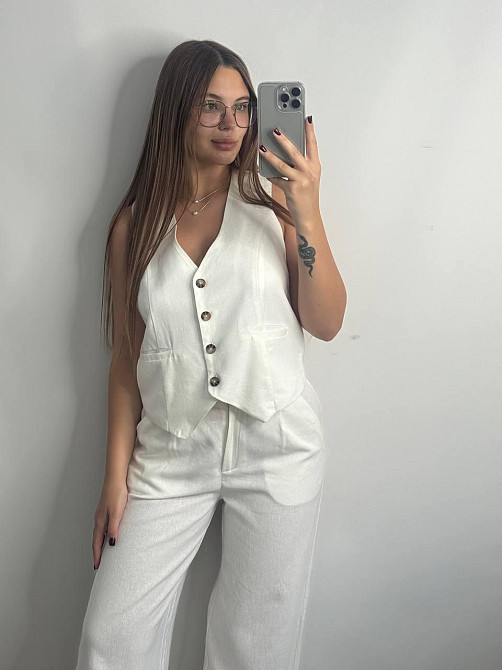 Льняной костюм-тройка в классическом стиле Молочный M-L Харьков - изображение 2