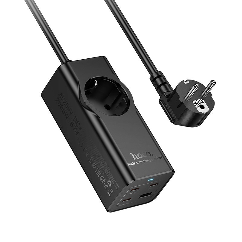 Мережевий подовжувач HOCO NS9 Wisdom 1-position (PD67W/3C1A) desktop socket (EU/GER) Black Київ - фото 1