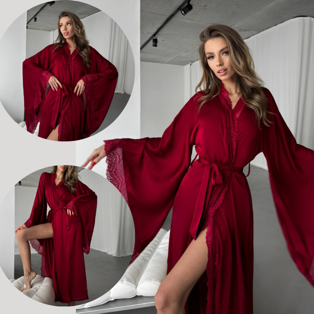 Жіночий шовковий халат з мереживом довгий з Широкими рукавами на запах Шовк Армані ефектний червоний Одеса - фото 1