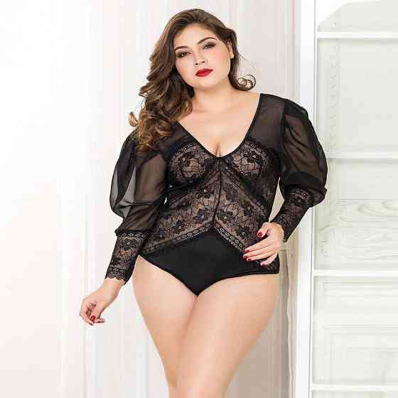 Мереживне боді JSY «Спокуслива Мері» Plus Size, Black, рукави-ліхтарики, дрібна сітка Sex Aura Київ