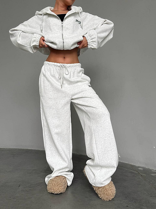 Жіночий теплий прогулянковий костюм-двійка: кофта та штани тринитка на флісі Сірий, 46/48 Одеса - фото 1