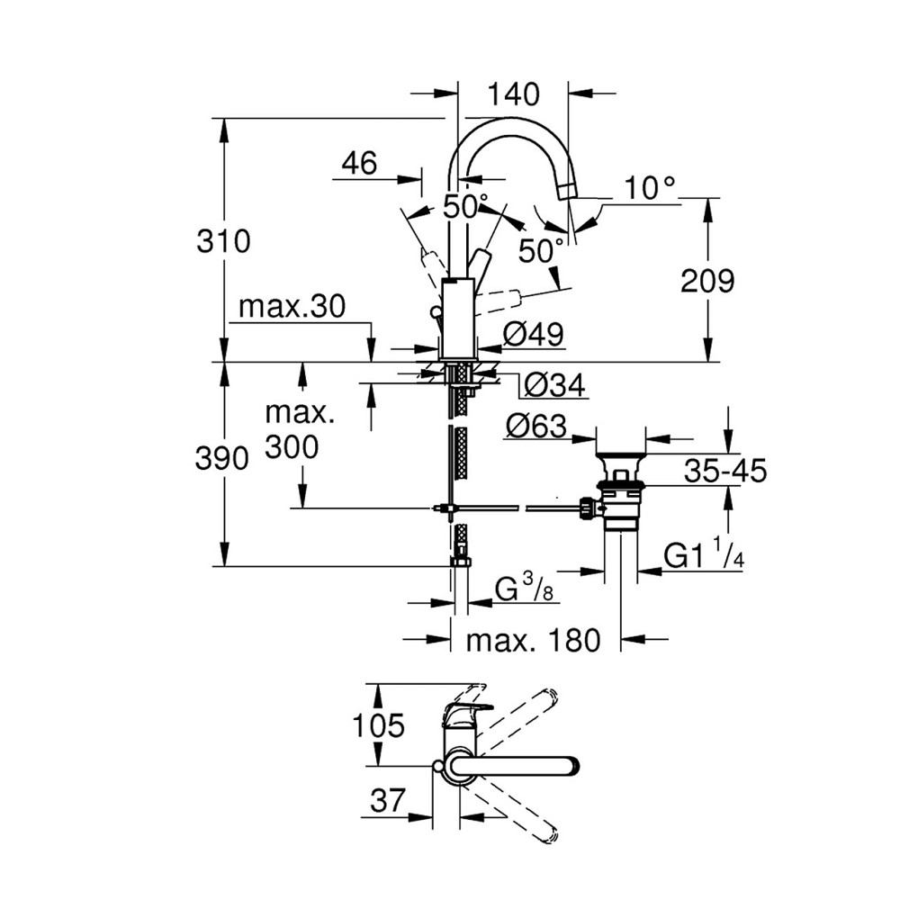 Смеситель для раковины Grohe Start Flow L-Size 23811000 с донным клапаном Киев - изображение 2
