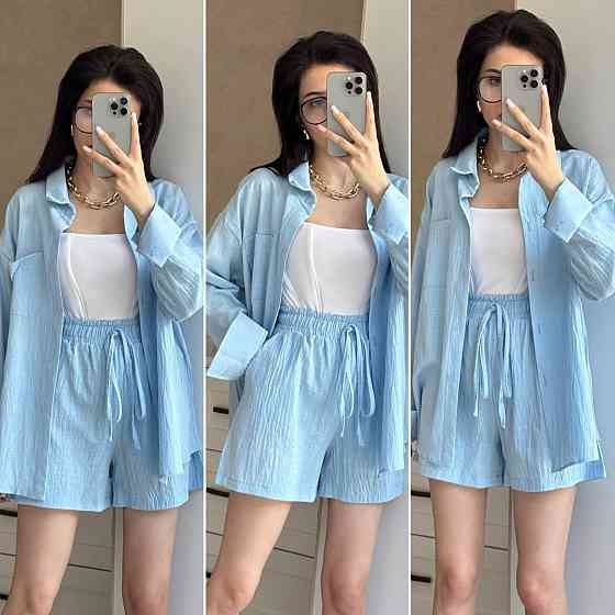 Жіночий літній костюм-двійка: сорочка та шорти турецький льон жатка Блакитний, 46/48 Одеса