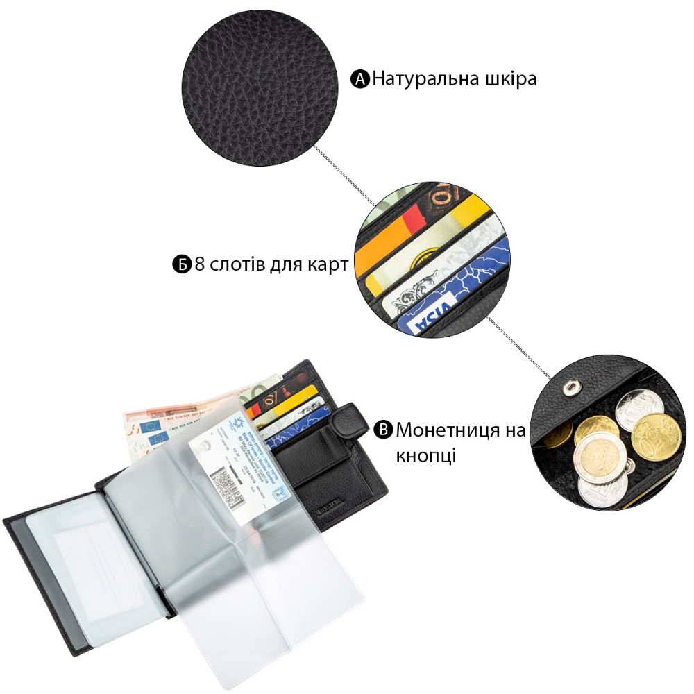 Кожаное мужское портмоне на кнопке Boston 18822 Черный Киев - изображение 4