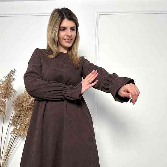 Вельветова сукня із завищеною талією "Wesley" оптом | Батал | Розпродаж моделі Шоколадний, 50-52 Київ